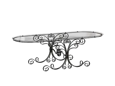 Stylish Outdoor Table With Oval Glass Top And Black Wrought Iron Scrollwork Base For Patio 3d model