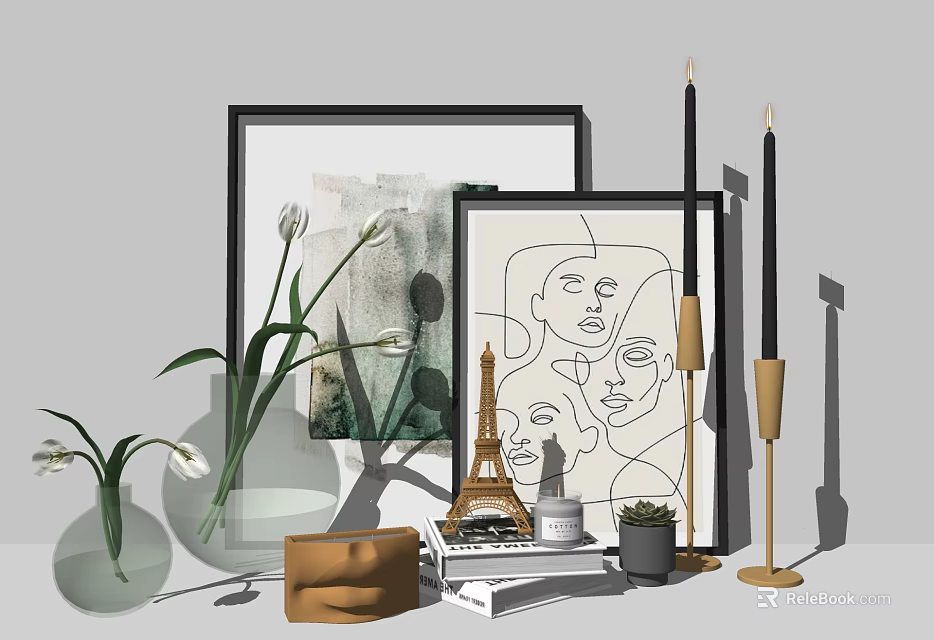 Elegant Decorative Ornament Set with Framed Artworks Candles Glass Vase and Mini Eiffel Tower 3d model 