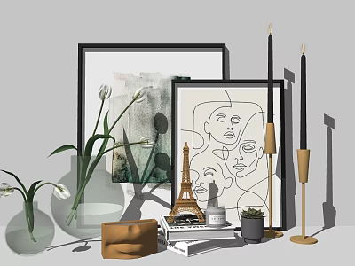 Elegant Decorative Ornament Set with Framed Artworks Candles Glass Vase and Mini Eiffel Tower 3d model