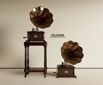 Two Vintage Poliform Gramophones With Wooden Stand And Brass Horn Audio Equipment Design 3d model