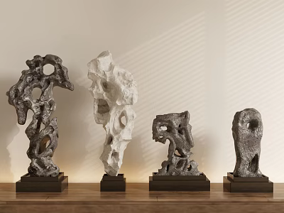 Stone Sculptures With Unique Holes And Irregular Shapes On Wooden Tabletop Light Wall With Shadows 3d model