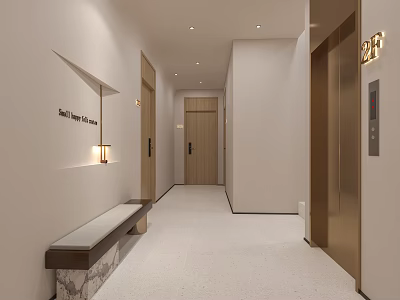Hotel Guest Room Corridor with Modern Elevator Bench and Wall Sign 3d model