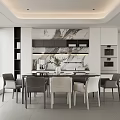Modern Dining Interior With Marble Backsplash Cabinets Ovens Dining Table Chairs Window Blinds And Plant