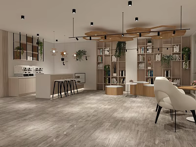 Modern Interior Space With Bookshelves Plants Bar Counter Hanging Lights And White Chairs 3d model
