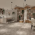 Modern Interior Space With Bookshelves Plants Bar Counter Hanging Lights And White Chairs
