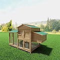Wooden Chicken Coop In Green Grassy Field With Trees Background Landscape