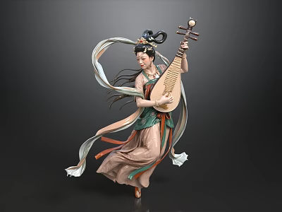 Woman In Traditional Ancient Costume Playing Pipa With Flowing Ribbons And Classical Hairstyle 3d model