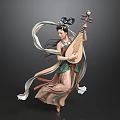 Woman In Traditional Ancient Costume Playing Pipa With Flowing Ribbons And Classical Hairstyle