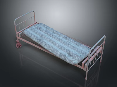 Simple Pink Metal Single Bed Frame With Blue Striped Mattress 3d model