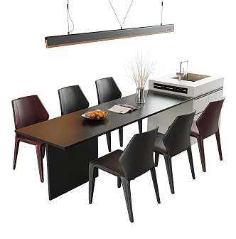 Dining Table and Chair Combination Island Table Dining Leather Dining Chair Single Chair Book Chair Water Bar Long Chandelier Green Plant Jewelry Ornaments 3d model