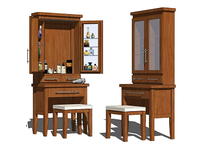 Wooden Vanity Set With Open Mirror Cabinets Drawers And Stools 3d model