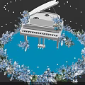 Floral Decoration Display With White Piano Surrounded By Blue Flowers And Starry Backdrop