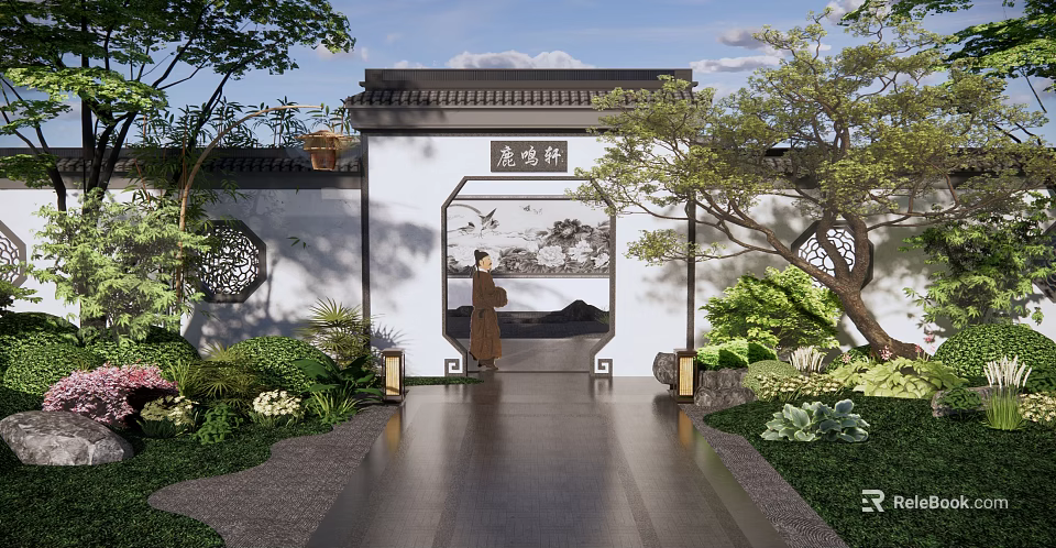 Traditional Chinese Scenic Wall with Plaque Green Plants Stone Path and Trees 3d model 
