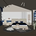 Cozy Modern Kids Room Interior With Blue White Bed Stuffed Toys Desk Chair And Bookshelf