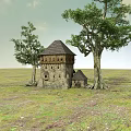 Traditional Ancient Stone House With Thatched Roof Surrounded By Big Trees On Green Grassland