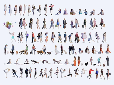 Diverse Group of People in Various Poses and Activities Like Standing Walking Carrying Items Exercising 3d model