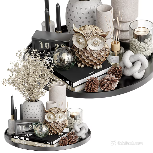 Iron Art Tray With Owl Figurines And Decorations 3d model 