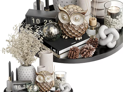 Iron Art Tray With Owl Figurines And Decorations 3d model