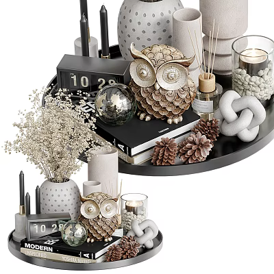 Iron Art Tray With Owl Figurines And Decorations 3d model