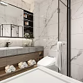 Modern Bathroom Interior Design With Marble Walls Large Mirror Vanity Towels Toilet And Glass Partition