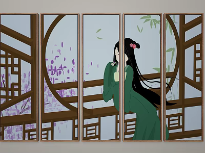 Chinese Figure Painting Featuring Woman in Green Dress Long Hair Red Accessory Wooden Frame Bamboo 3d model