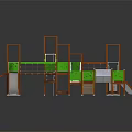 Multi Structure Outdoor Playground Equipment With Slides Stairs Climbing Frames Orange Frames And Green Panels