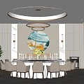 Elegant Private Dining Room With Round Table White Chairs Chandelier Decorative Painting And Green Plant