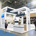 Modern POWERWINS Exhibition Booth With White Blue Design Display Screen And Seating Area
