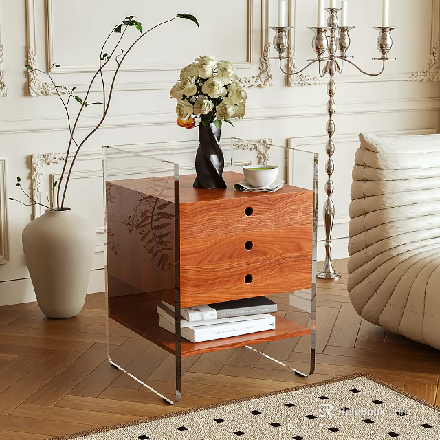 Wooden Side Table With Drawers And Books In Modern Living Room Decor 3d model 