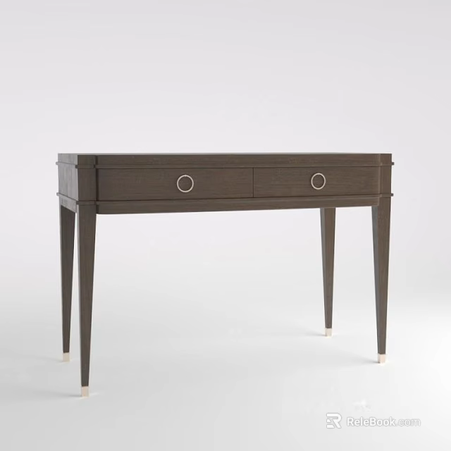 Dark Wood Desk With Two Drawers Circular Metal Handles And Slim Legs 3d model 