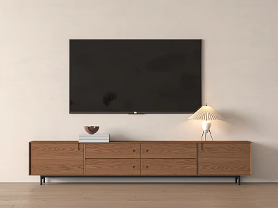 Modern Wooden TV Stand with Wall Mounted Flat Screen TV Lamp Decor and Books 3d model