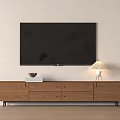 Modern Wooden TV Stand with Wall Mounted Flat Screen TV Lamp Decor and Books