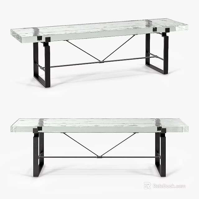 Modern Glass Top Bench With Black Metal Crossed Frame Structure Design 3d model 