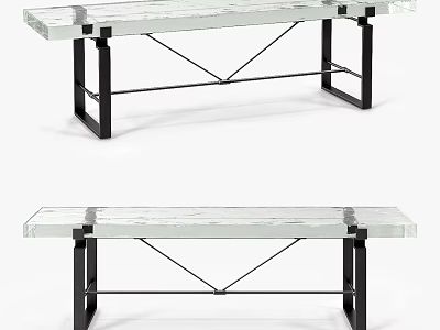 Modern Glass Top Bench With Black Metal Crossed Frame Structure Design 3d model