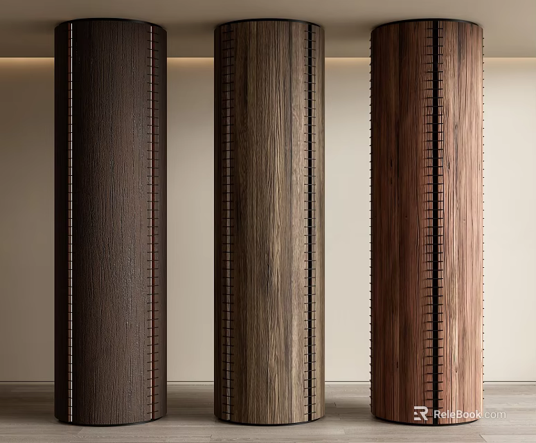 Three Modern Wooden Columns With Natural Wood Grain Various Tones And Vertical Stitched Details 3d model 