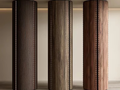 Three Modern Wooden Columns With Natural Wood Grain Various Tones And Vertical Stitched Details 3d model
