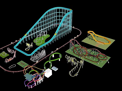 Colorful Amusement Park Playground Equipment With Blue Roller Coaster Tracks And Yellow Slides 3d model