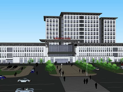 Modern Hospital Exterior Building With Large Windows And Green Landscaping 3d model