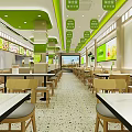 Bright Restaurant Interior With Green Ceiling Hanging Signs Menu Posters And Service Counter