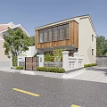Single Family Villa With Traditional Wooden Exterior Large Windows Courtyard Green Plants And Main Gate
