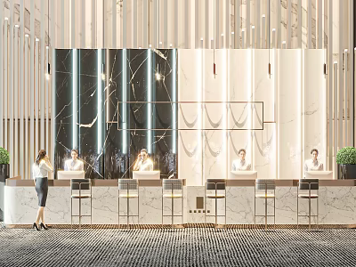 Modern Hotel Lobby Interior With Marble Reception Desk Receptionists Assisting Guests And Elegant Lighting 3d model