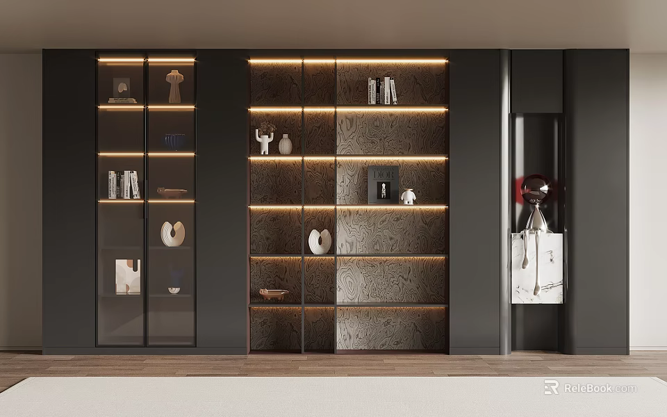 Contemporary Bookcase With LED Lighting Glass Doors Sleek Shelves And Decorative Items 3d model 