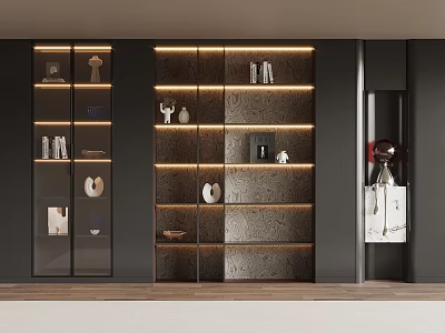 Contemporary Bookcase With LED Lighting Glass Doors Sleek Shelves And Decorative Items 3d model