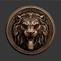 Copper Lion Head Sculpture With Intricate Carving And Ornate Circular Design