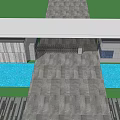 Modern Entrance Gate With Gray Wall Long Roof Blue Pool And Paved Ground
