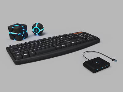 Black Computer Keyboard With Blue LED Lighted Devices And USB Hub Accessory 3d model