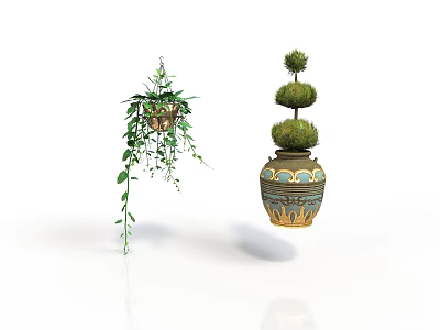 Hanging Vine Plant With Green Leaves And Three Tiered Spherical Topiary In Patterned Ceramic Pot 3d model