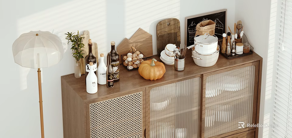 Cozy Natural Kitchen With Wooden Cabinet Woven Panels Glass Doors Fresh Pumpkin And Herbs 3d model 