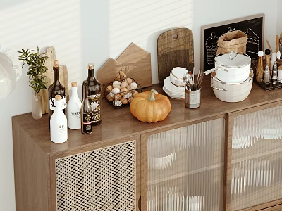 Cozy Natural Kitchen With Wooden Cabinet Woven Panels Glass Doors Fresh Pumpkin And Herbs 3d model