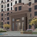 Modern Apartment Building Entrance Gate With Glass Structure Stone Steps And Greenery